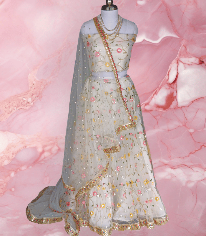 Elegant Off-White Georgette Lehenga with Embroidery and Net Dupatta