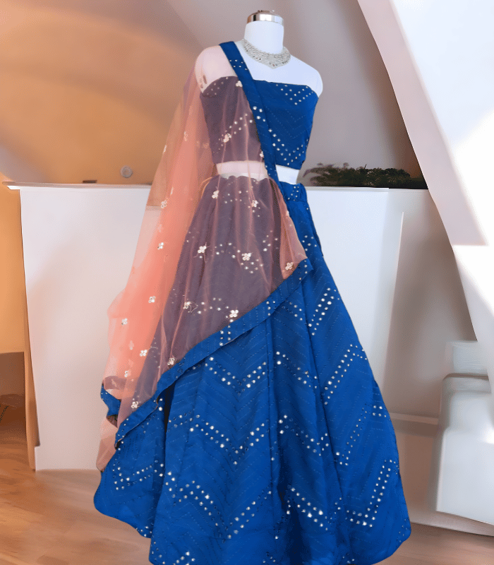 Exquisite Indigo Blue Georgette Party Wear Lehenga with Unique Mirror and Thread Work